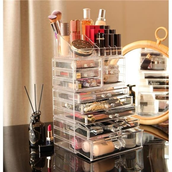 Clear Makeup Organizer Stackable 9 Drawer Vanity Storage for Skincare Jewelry - Picture 4 of 7